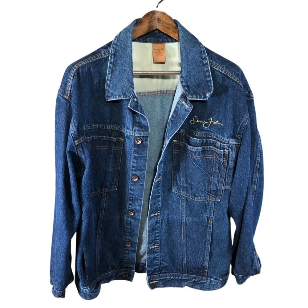 Sean John Mens Denim Jean Jacket XXL Blue Button Up Collared Classic